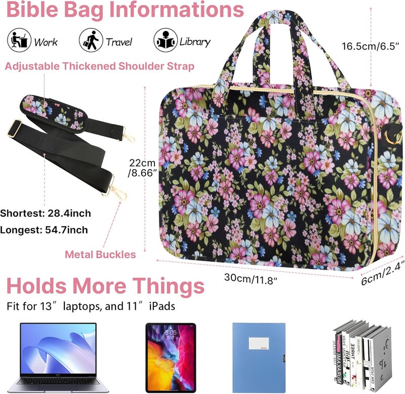 PUGPIU Bible Cover Case for Women, Large Quilted Bible Bag with Shoulder Strap and Handle, Bible Study Supplies Journaling Kit with Highlighters Pens No Bleed Tabs Notebook Cross Clips (Floral) - Image 4